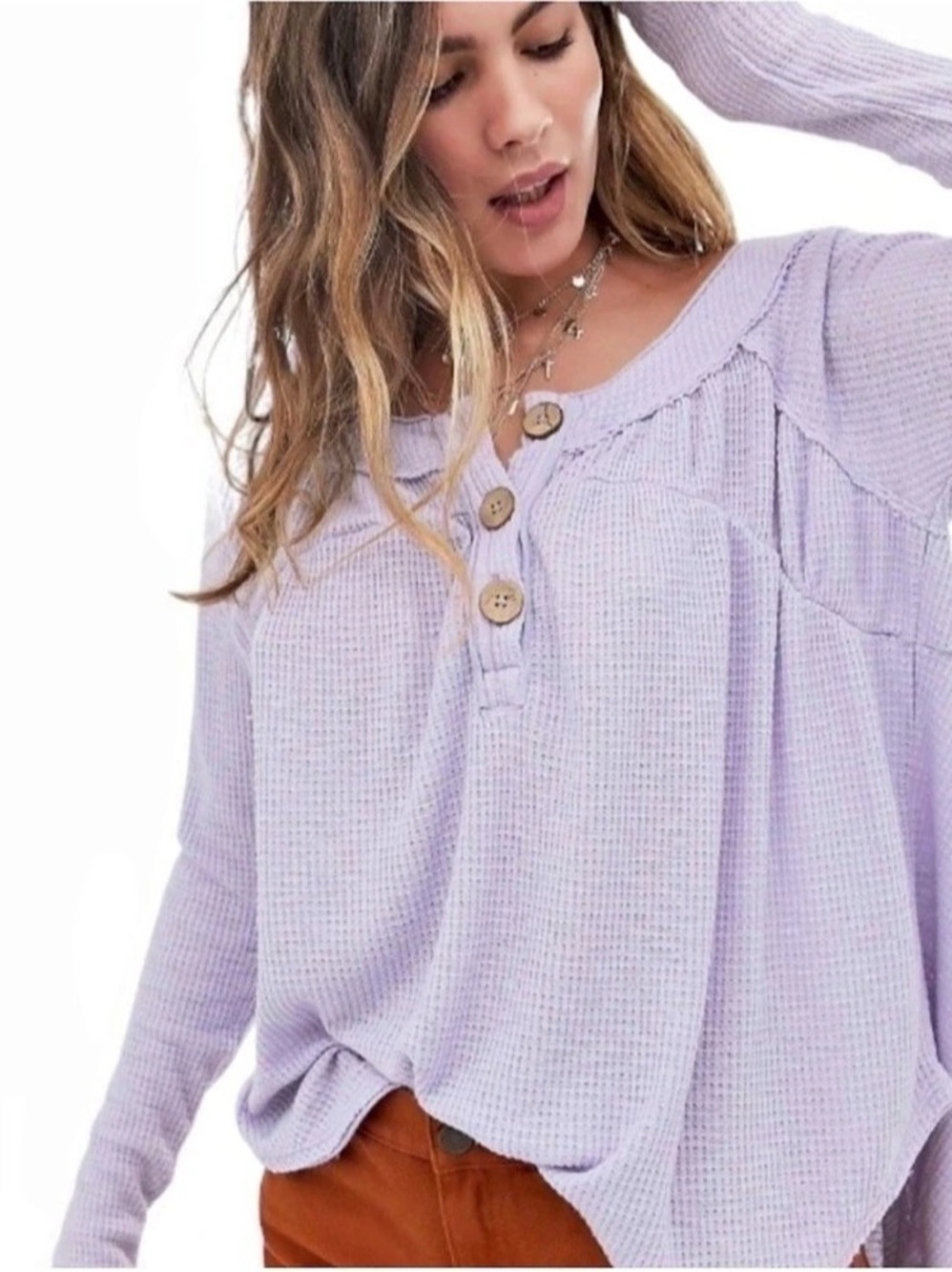Free People We The Free Must Have Waffle-Knit Henley Tee Lavender Size Medium